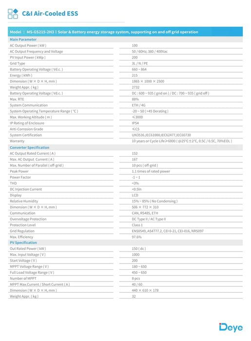 Акумуляторна система DEYE MS-GS215-2H3 215 кВт·год 100 кВт C&amp;I ESS