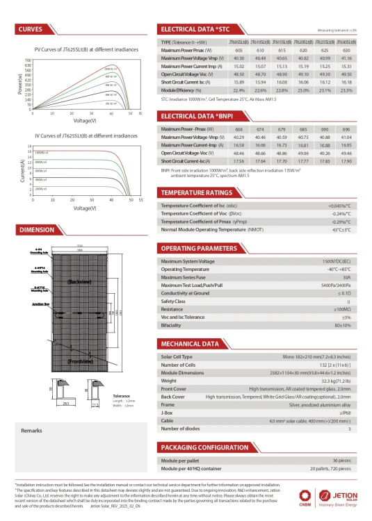Фотовольтаїчна панель Jetion 620W N-Type TOPCon Bifacial Glass-Glass Mono