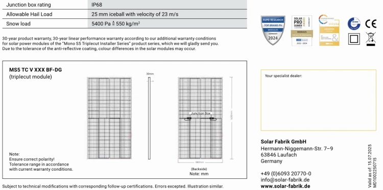 Піддон з 36 шт. фотовольтаїчних панелей Solar Fabrik 300 Вт N-Type